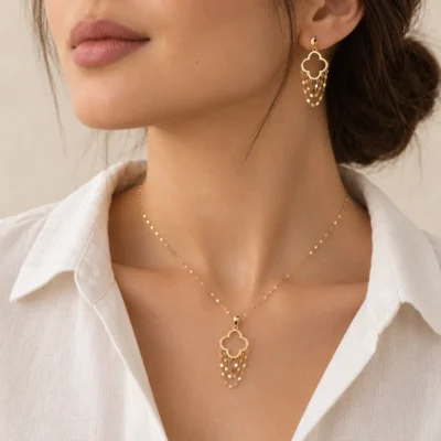 نیمست طلا خلیجی طرح ونکلیف و پولک کد GD01001719؛ روی مدل؛ زنجیر صرفاً نمایشی